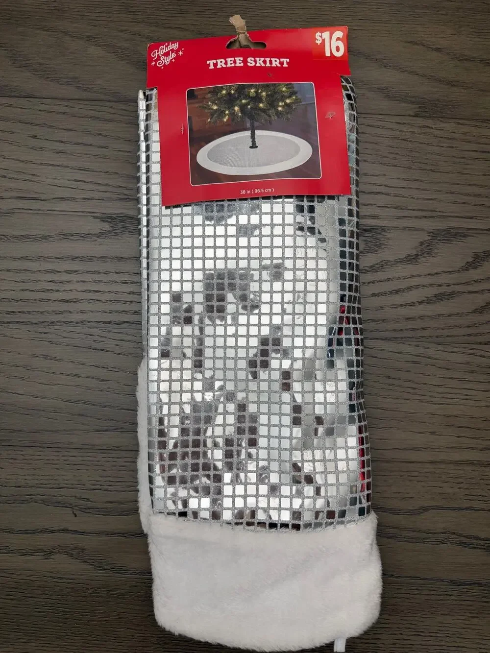 New Silver Mirror Tile Christmas Tree Skirt 38” White Faux Fur Holiday Decor